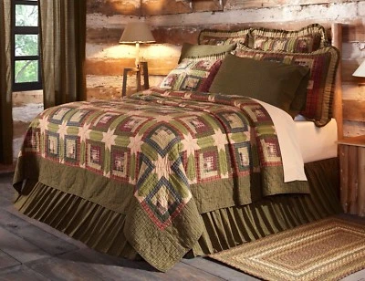 Hand Stitched Country Quilt Farmhouse Block Star Patchwork Green Tan Tea Cabin - Image 1 of 4