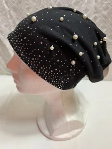 Womens Pearl Rhinestone Beanie Black OS - Picture 1 of 4