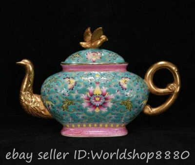 Tetera de 8" con mango de porcelana rosa familiar china con marca Yongzheng Foto 1 de 4