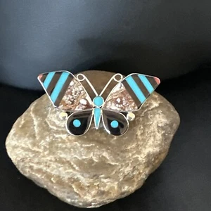 Zuni Schmetterling Wildpferd Türkis Onyx Inlay Pin Anhänger Sterlingsilber 15153 - Bild 1 von 12