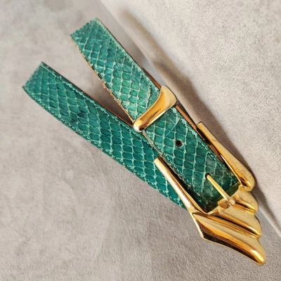 Vintage 80s MZ NY belt S Emerald Green snake leather gold brass buckle luxury - Image 1 of 4