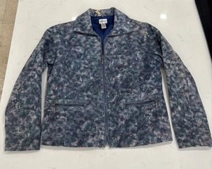 Giacca di pelle blu foderata con zip intera Chico's donna M taglia 1,5 Blu Boa Castalia - Foto 1 di 11