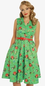 Lindy Bop Matilda Green Gnomes Print Swing Dress UK Size 8-10 (US Size 4-6) - Picture 1 of 14