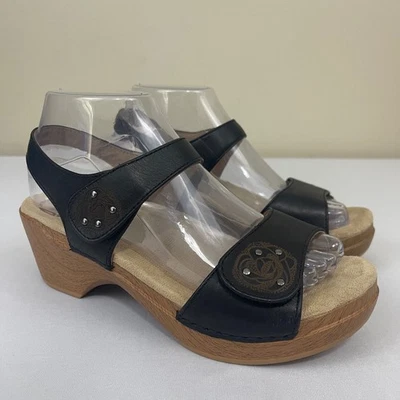 Dansko Sonnet Sandals Size 38 Black Leather Comfort Wedge Chunky Wood Heel - Image 1 of 4