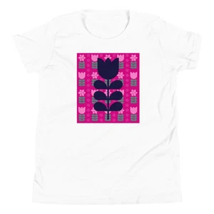 Pink Navy Green Scandinavian Floral Print Youth Short Sleeve T-Shirt - Picture 1 of 5