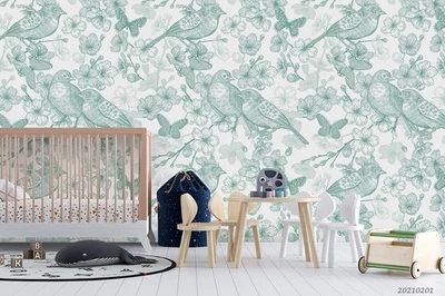 Murales de pared con patrón de mariposa y flor de pájaro 3D papel tapiz murales pegatina de pared Foto 1 de 4