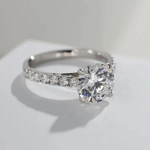 Round Cut Moissanite Engagement Ring–White Gold Band with Side Stones for Women - Picture 1 of 8