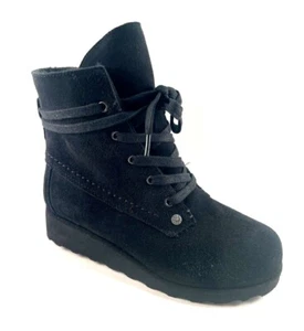 BearPaw Krista Black Suede Low Heel Sheepskin/Wool Water Resistant Bootie - Picture 1 of 10