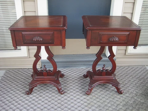 Vintage Antique Pair Mahogany Wooden Lyre Base End Side Table Nightstand Drawers Cover