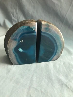 Set of 2 Blue Crystal Agate Polished Stone Bookends Paper Weights ~ 2 lbs. 5 oz. - Image 1 of 4