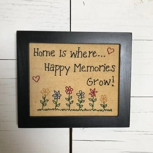 Home is where Happy Memories Grow Vintage Look Framed Stitchery 8"x7" - Picture 1 of 3