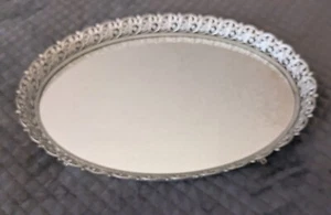 Vintage Hollywood Regency Oval Silver Filigree Mirror Vanity Tray 16.5" - Picture 1 of 8