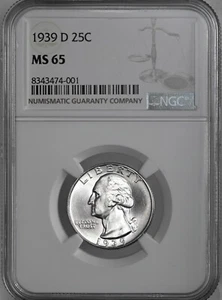 1939-D 25C WASHINGTON SILVER QUARTER "DENVER MINT" NGC MS65 #8343474-001 - Picture 1 of 4