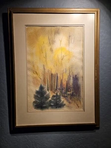 Wonderful CA Painting Landscape Watercolor Leslie Stone Deer Forest Fauve - Picture 1 of 16
