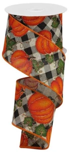 Pumpkins on Check Wired Edge Ribbon 2.5" x 10 Yards (Natural, Black) - RGB124518 - Picture 1 of 1