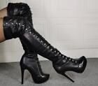 Womens Over Knee Thigh High Boots Pumps High Heels Round Toe Lace Up Black Strap