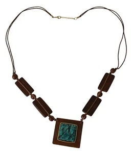 SNOBBY SHEEP Necklace Brown Wooden Aquamarine Stone Statement RRP $150 - Picture 1 of 6