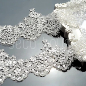 Beaded Sequined Floral Lace Embroidered Trim Ribbon Wedding Dress Bridal Veil - Picture 1 of 19