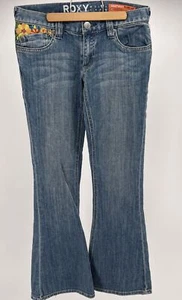 Roxy Denim Jeans Sunset Beach Flare Fit Floral Embroidery Detail Size 3 - Picture 1 of 10