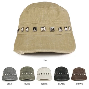 Distressed Flat Top Metallic Studded Frayed Cadet Style Army Cap - FREE SHIPPING - Picture 1 of 25
