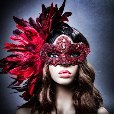 Red Side Feather Venice Carnival Masquerade Venetian Mardi Gras Women Eye Mask - Image 1 of 4