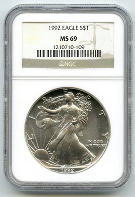 1992 American Eagle 1 Oncia Argento Dollaro NGC MS69 Certificato Lingotto - P598 - Immagine 1 di 2