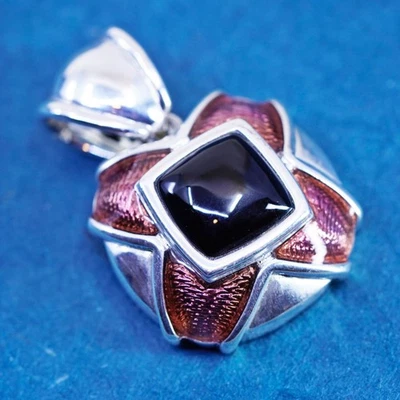 Colgante vintage de plata de ley 925 esmaltado hecho a mano con ónix rectangular Foto 1 de 4