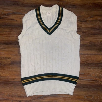 Chaleco Suéter Tenis Cricket Tejido con Cable De Colección Blanco Verde Amarillo Algodón XL DE COLECCIÓN Foto 1 de 4