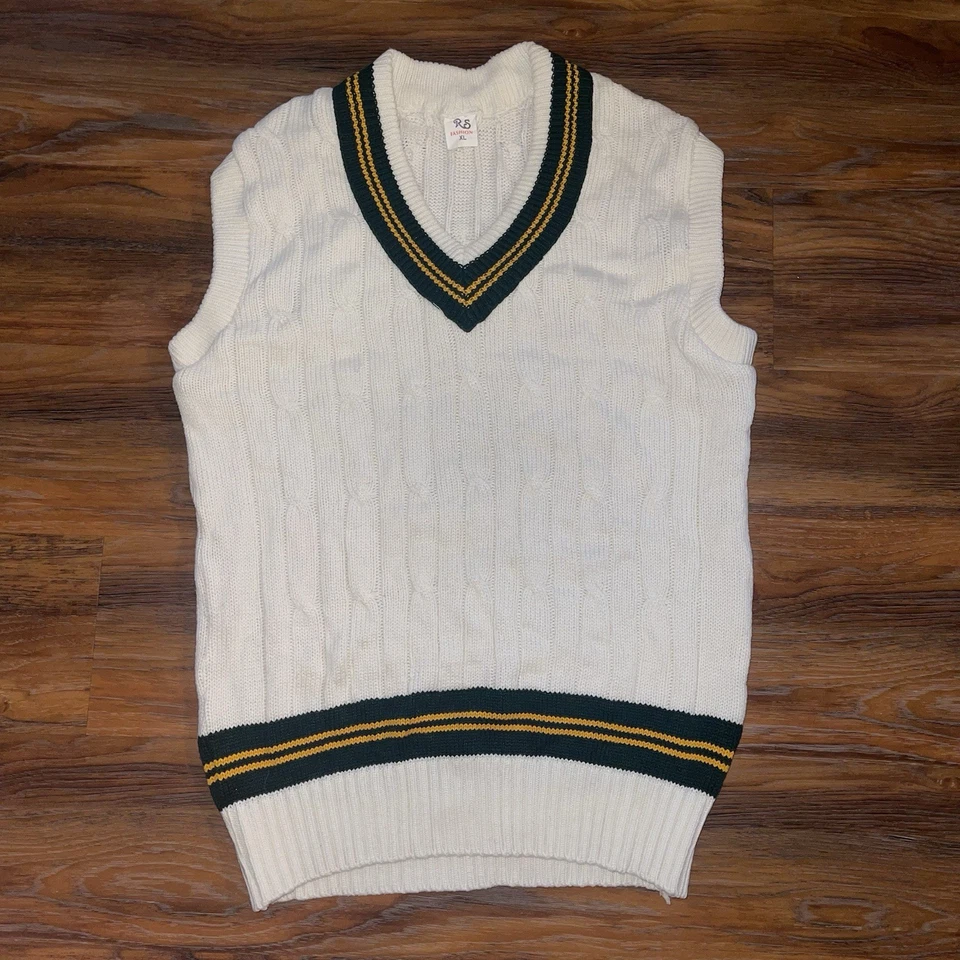 Chaleco Suéter Tenis Cricket Tejido con Cable De Colección Blanco Verde Amarillo Algodón XL DE COLECCIÓN Foto 1 de 4