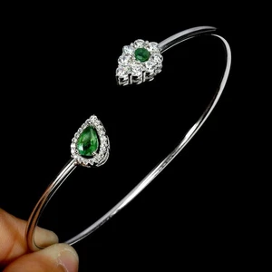 925 Sterling Silver Bangle Pear Emerald 6x4mm Natural Gemstone Jewelry 6.5inches - Picture 1 of 13