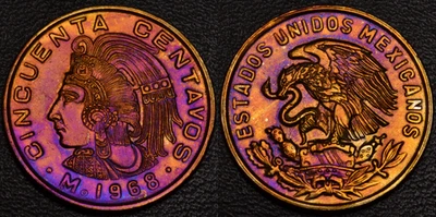 1968 México 50 centavos LINDA TONIFICAÇÃO OBV & REV (L48-11) - Imagem 1 de 3