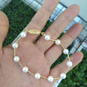 7.5-8” Genuine White Round 6-7mm South Sea Pearl Bracelet 14k Gold Plated - Picture 1 of 5