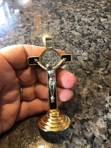 Vintage Black Enamel GOLD TONE METAL Cross St. Benedict Crucifix INRI ITALY 3.5” - Picture 1 of 19