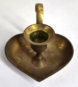 Vintage Brass Heart Candlestick Candle Holder Patena Finger Handle Drip Tray - Picture 1 of 5