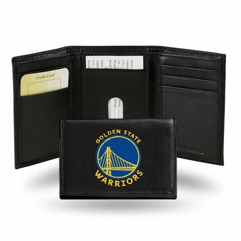 Golden State Warriors Embroidered Team Logo Black Leather Trifold Wallet Cover