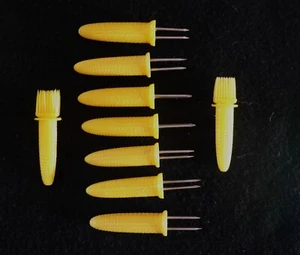 Vintage Corn on the Cob Holders Corn Shaped, Skewers Plastic 7 and 2 Brushes - Picture 1 of 1