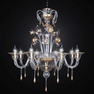 LAMPADARIO MURANO ORIGINALE A 8 LUCI BGA 2408/8 CLASSICO TRASPARENTE ORO - Picture 1 of 1