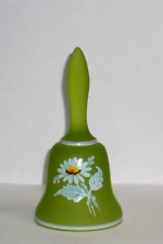 VINTAGE WESTMORELAND GREEN SATIN GLASS HAND  BELL~ HP DAISIES~5 1/8"