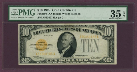 Fr.2400 1928 $10 Small Size Gold Certificate PMG 35EPQ (60261) Cover