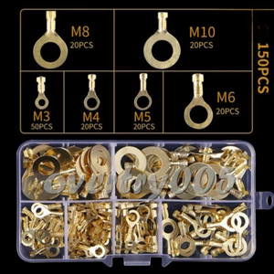 150PCS Insulated Brass Crimp Ring Terminals Wire Connectors Spade Electrical Set - Picture 1 of 10
