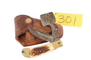 Rare Unusual Shape Marbles Folding Knife- Damascus- Original Sheath- Used /o301 - Picture 1 of 15