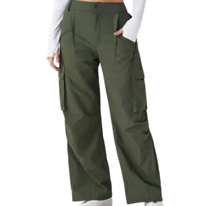 Halara Olive Mid Rise 4 Pocket Wide Leg Nylon Cargo Pants Size Medium TALL - Picture 1 of 11