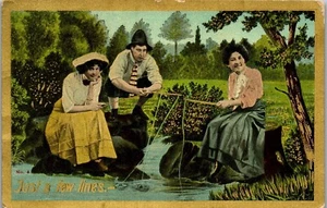 Vintage Fishing Humor Postcard ~ Men Women Fishing ~ Just a Few Lines 1910 - Picture 1 of 3