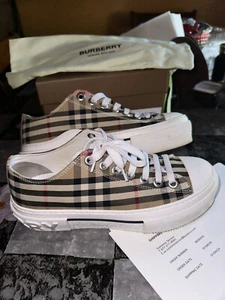 Burberry Womens Check Cotton Sneakers Size 7 Low-Top Cap Toe Lace-Up Tan - Picture 1 of 18