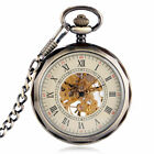 Vintage Bronze Hand Winding Open Face Mechanical Wind Up Pocket Watch Chain Gift