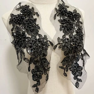 1 Paio Paillettes Perline Ricamo Pizzo Applique Nero Patch Floreale per Abito Prom - Foto 1 di 5