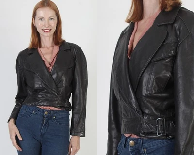 Vtg Michael Hoban North Beach Black Leather Jacket Cropped Belted Biker Coat 5 6 - Image 1 of 4