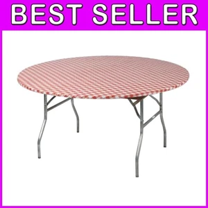 Stylish Bundle of 5 Red Gingham Fitted Plastic Table Covers for Round Tables - Picture 1 of 4