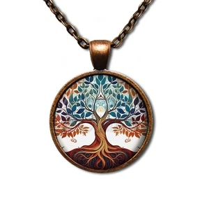 Spiritueller Lebensbaum Weisheit Blatt Natur - runder Glas Anhänger Halskette Schmuck - Bild 1 von 10