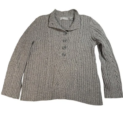 Suéter Pullover Liz Claiborne Pesado Mujer Gris Medio Tejido con Cable Cuello Botón Foto 1 de 4